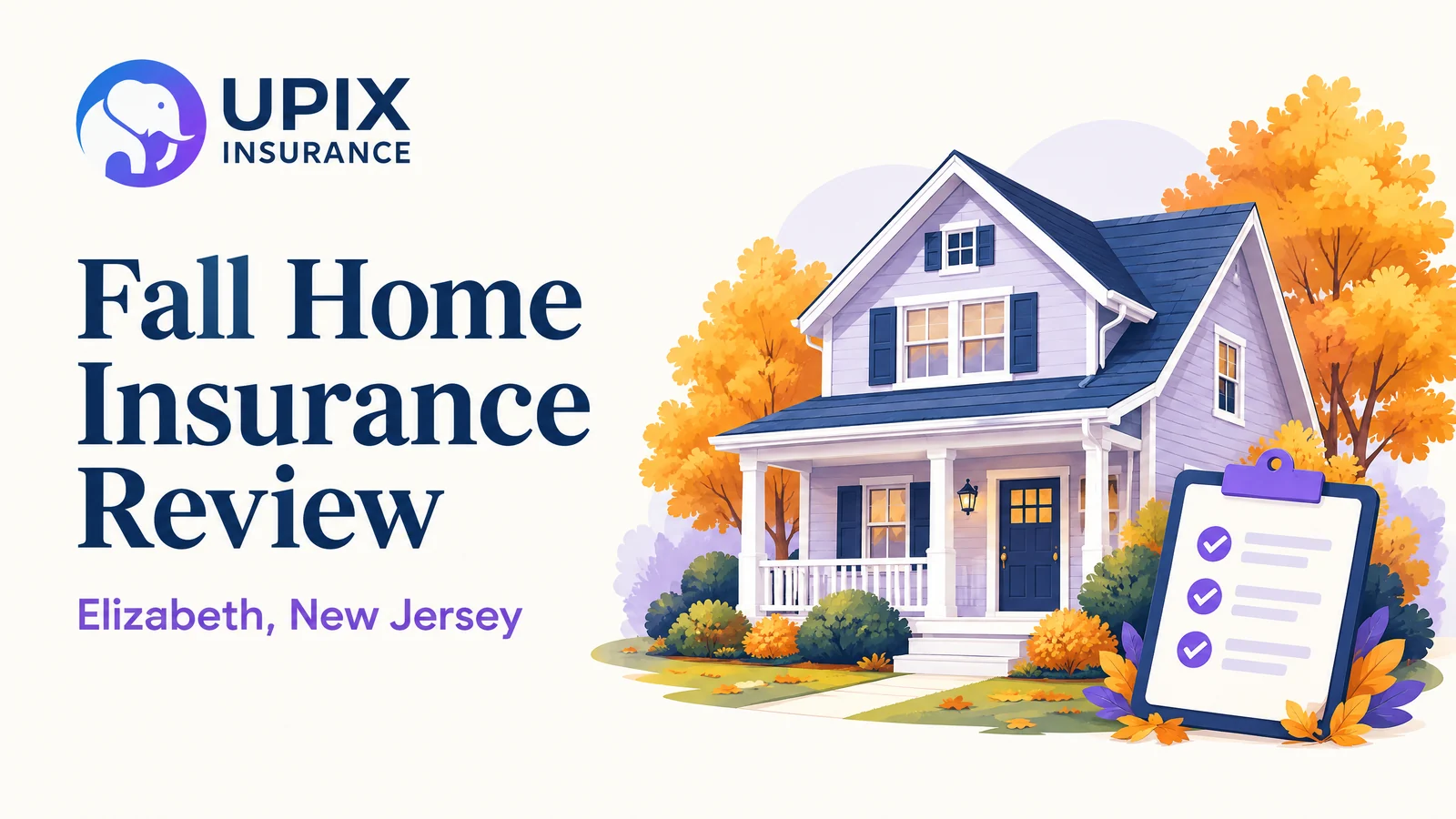 UPIX Insurance illustration: a home with autumn trees and a coverage-review clipboard.