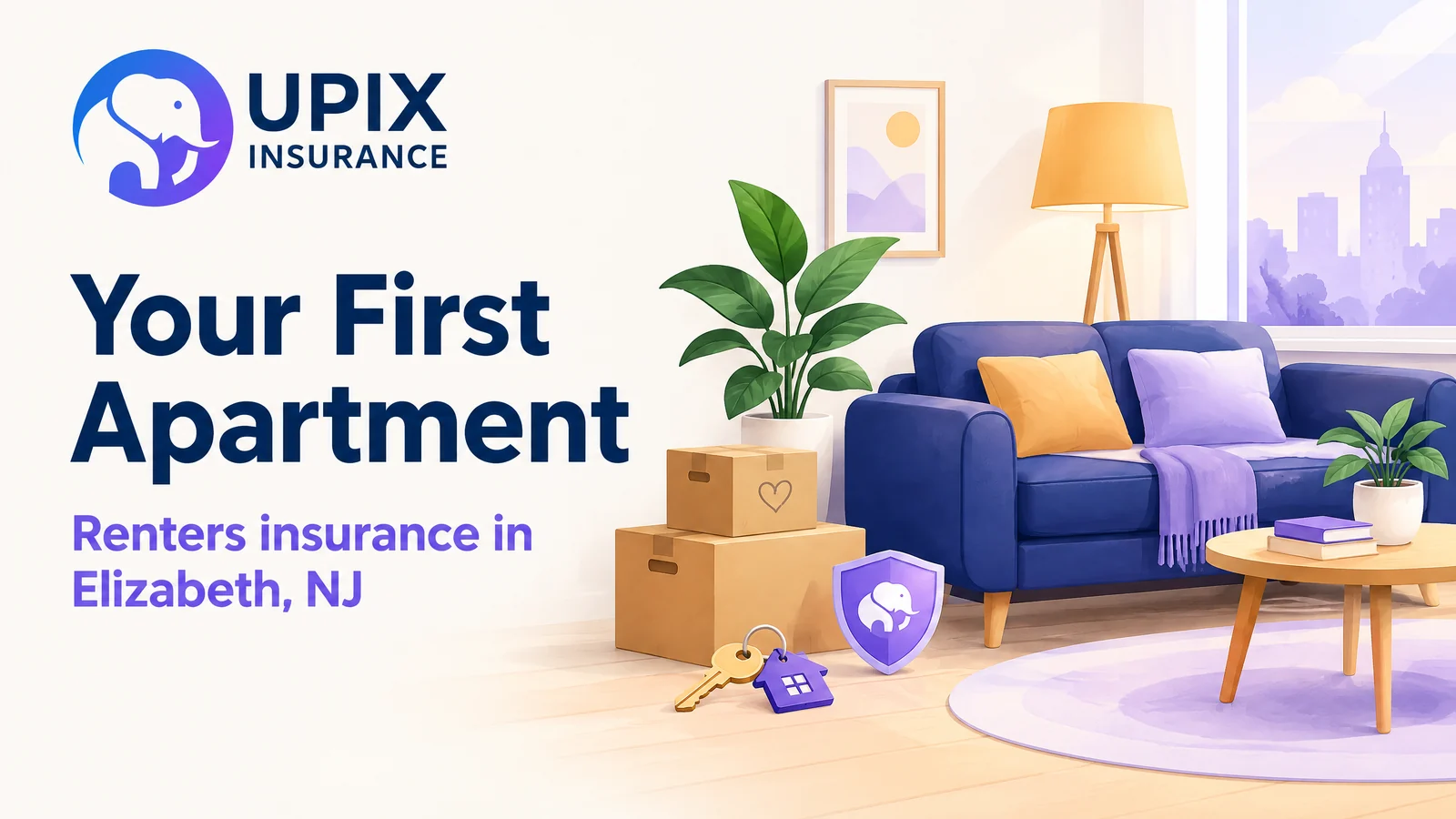 UPIX Insurance illustration: a first apartment with a sofa, moving boxes and a key.