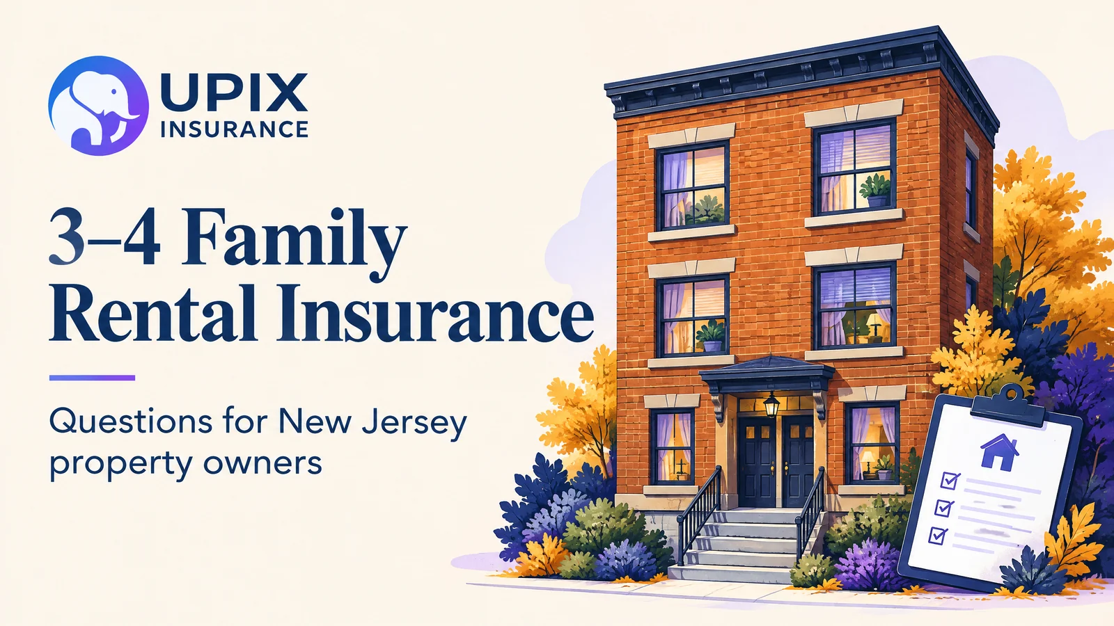 UPIX Insurance illustration: a small multi-family rental building and property records.