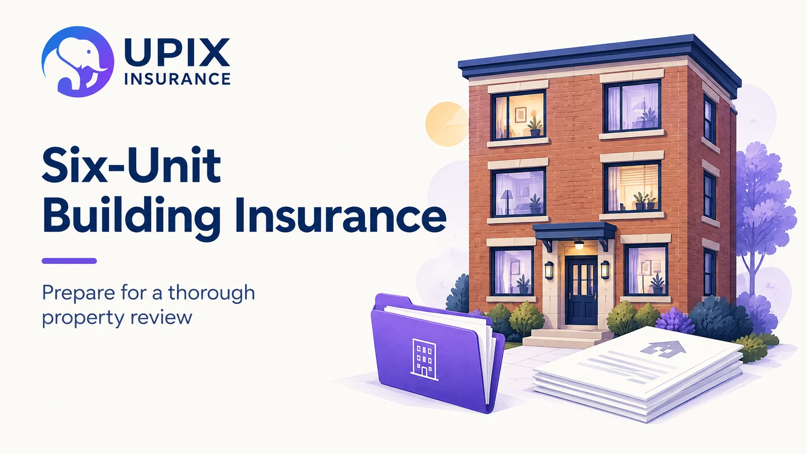 UPIX Insurance illustration: a six-unit apartment building and an insurance review folder.