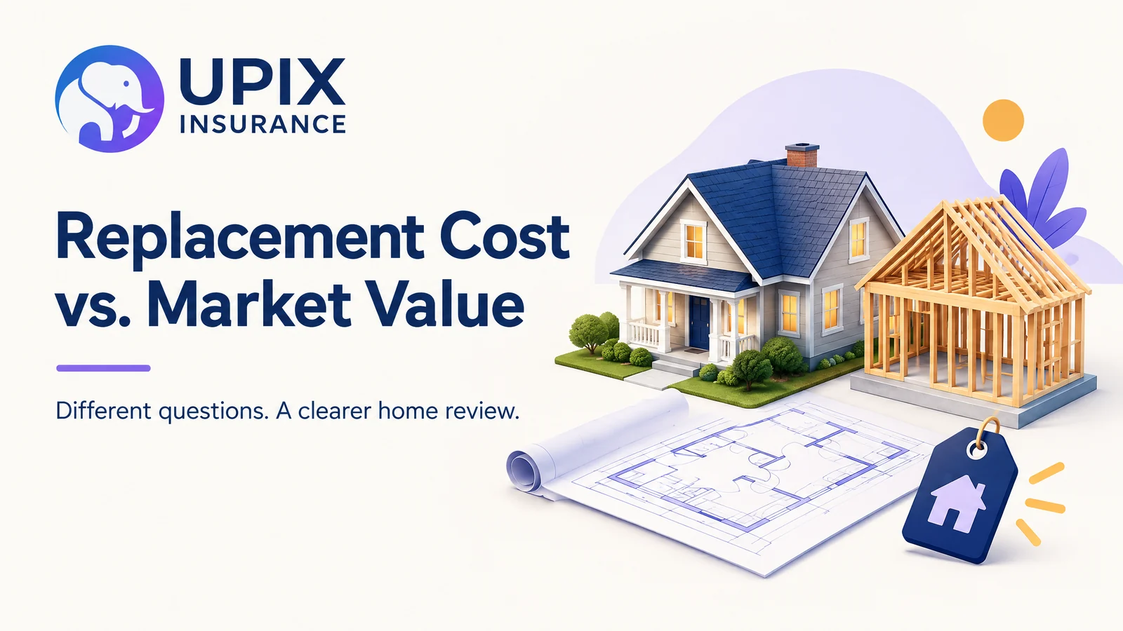 UPIX Insurance illustration: a home beside a rebuilding framework and valuation symbols.