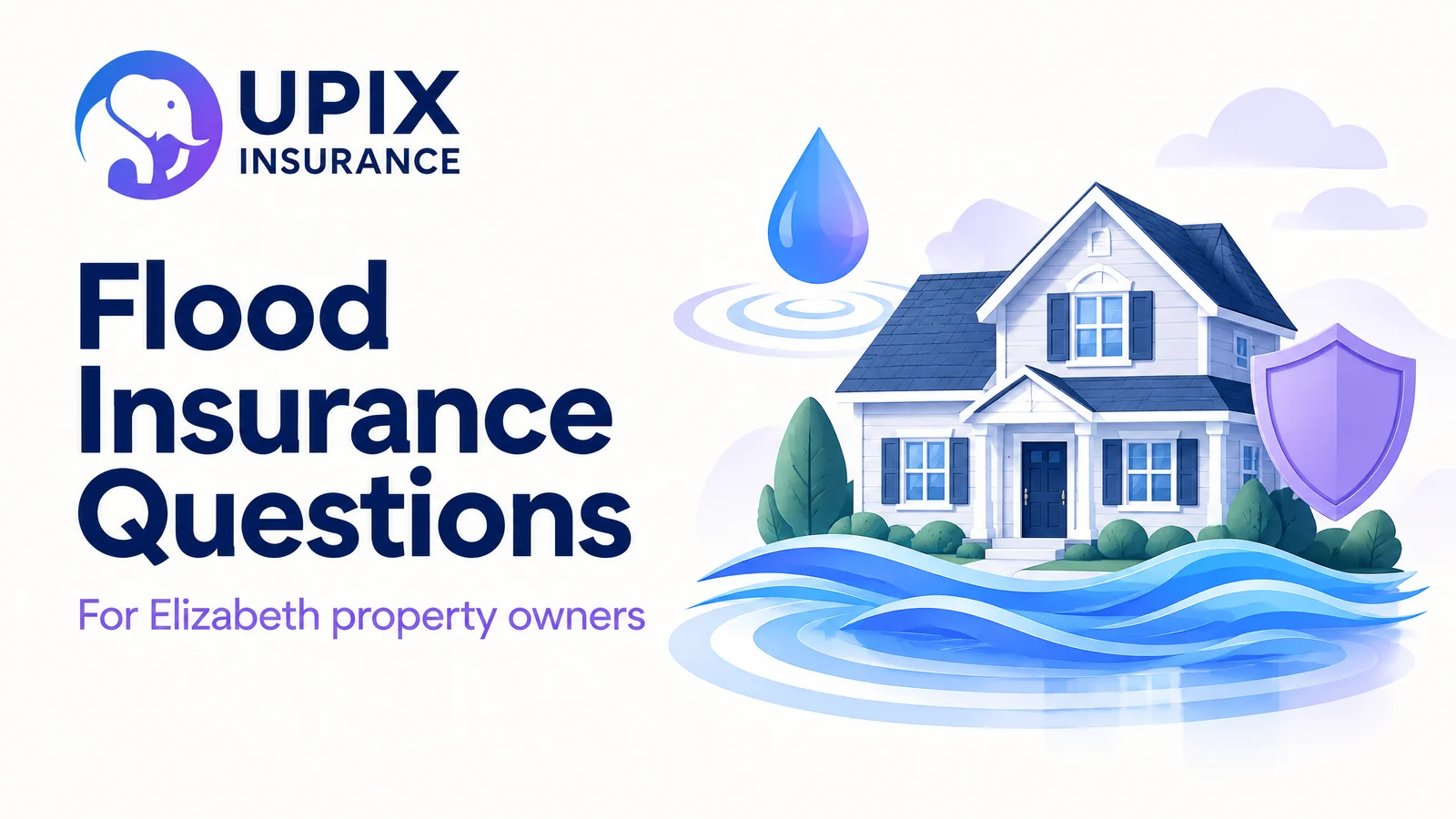 UPIX Insurance illustration: a house with water ripples and a separate flood coverage symbol.