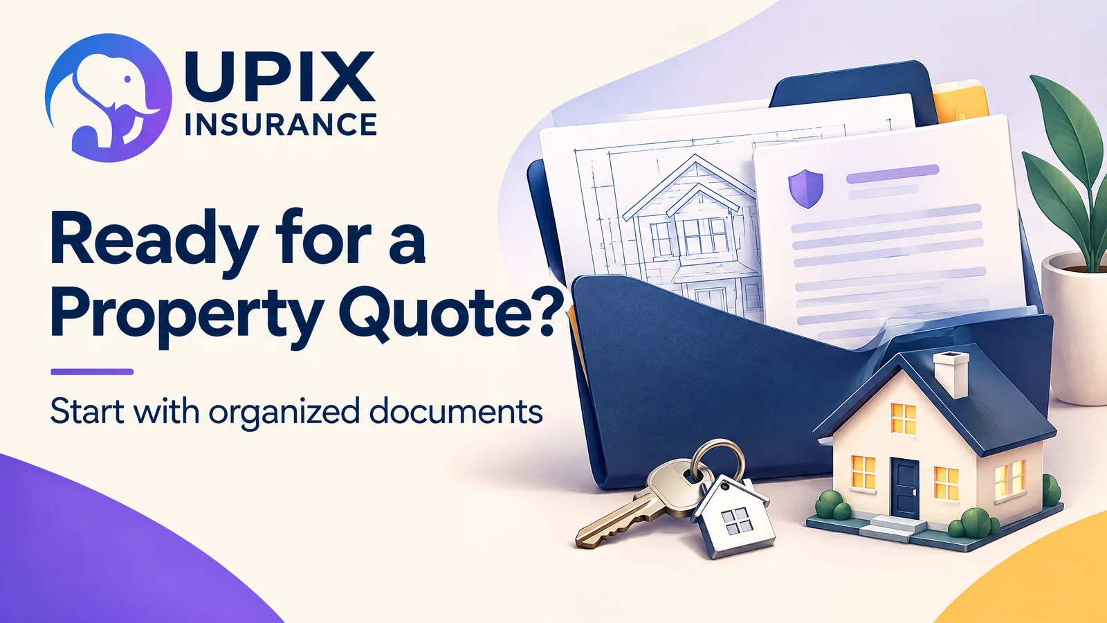 UPIX Insurance illustration: an organized property insurance folder with building records and keys.